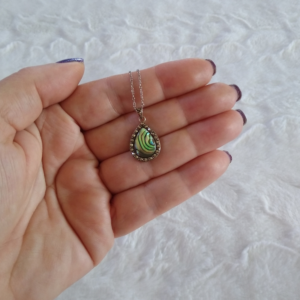 Sterling Silver Abalone & Marcasite Teardrop Necklace